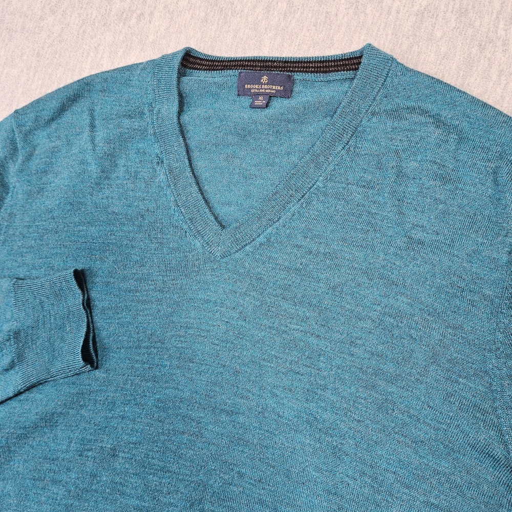 Brooks Brothers Sweater Mens XL Teal V-Neck Pullover Extra Fine Merino